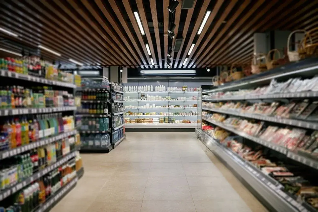 Supermarket aisle lined with stocked shelves