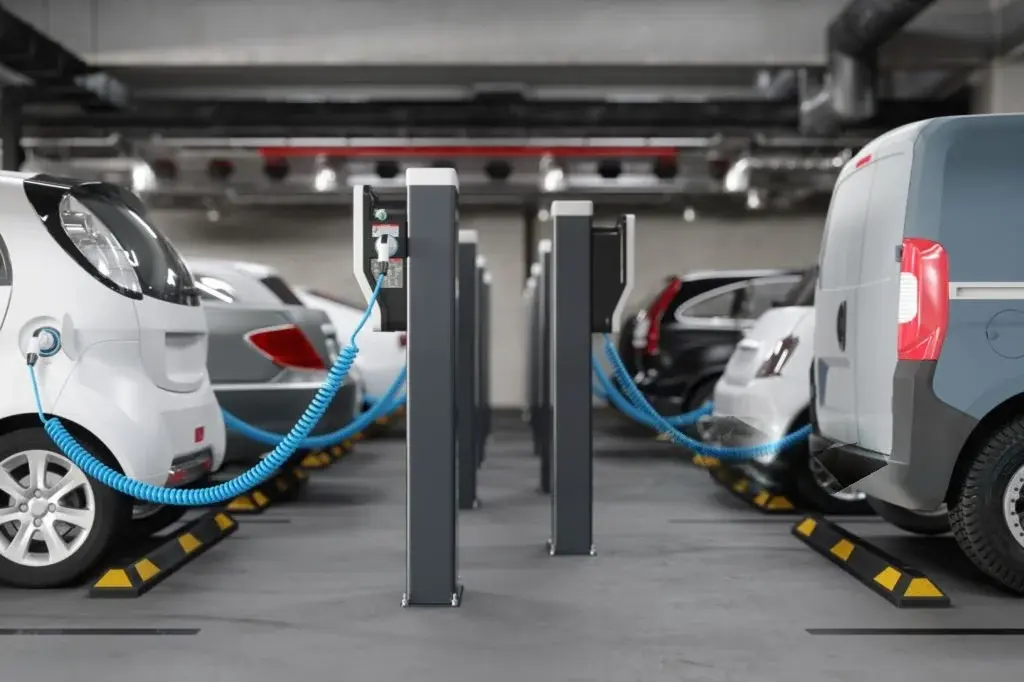 Cars charging in a parking garage
